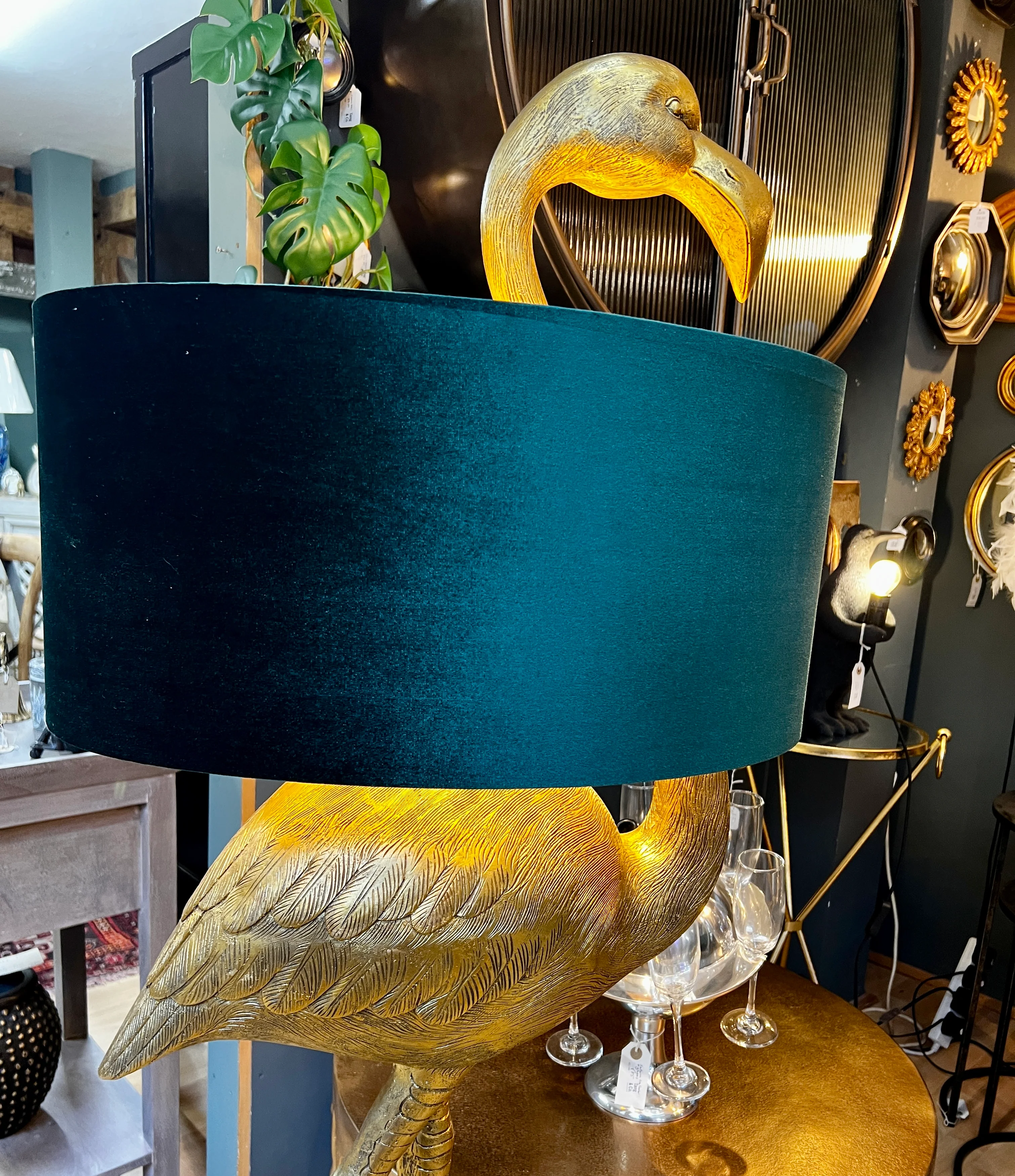 Antique Gold Flamingo Floor Lamp with Green Velvet Shade - Back In Stock - Image 2