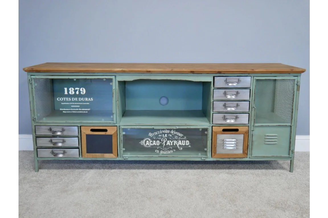 Industrial TV Cabinet Green Metal Wide - Image 2
