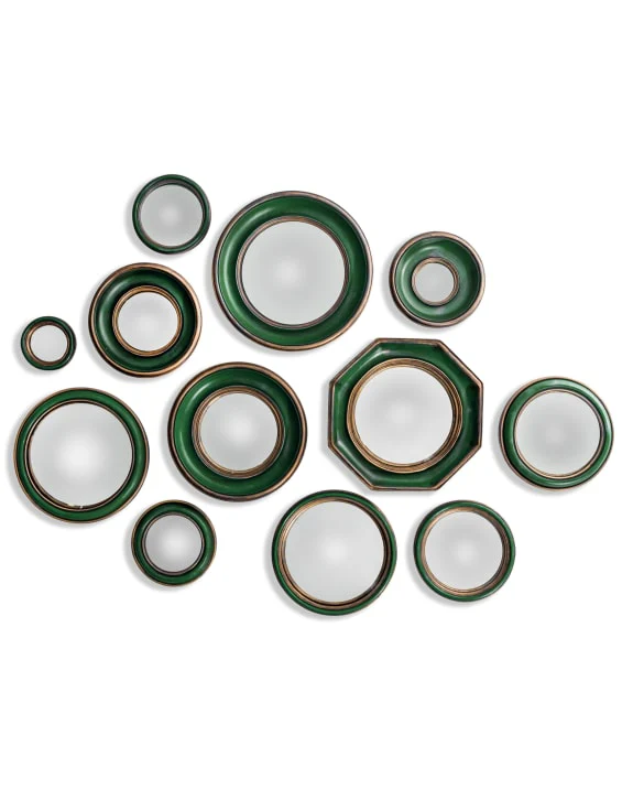 Set of 12 Assorted Antique Green Framed Convex Mirrors - back in stock
